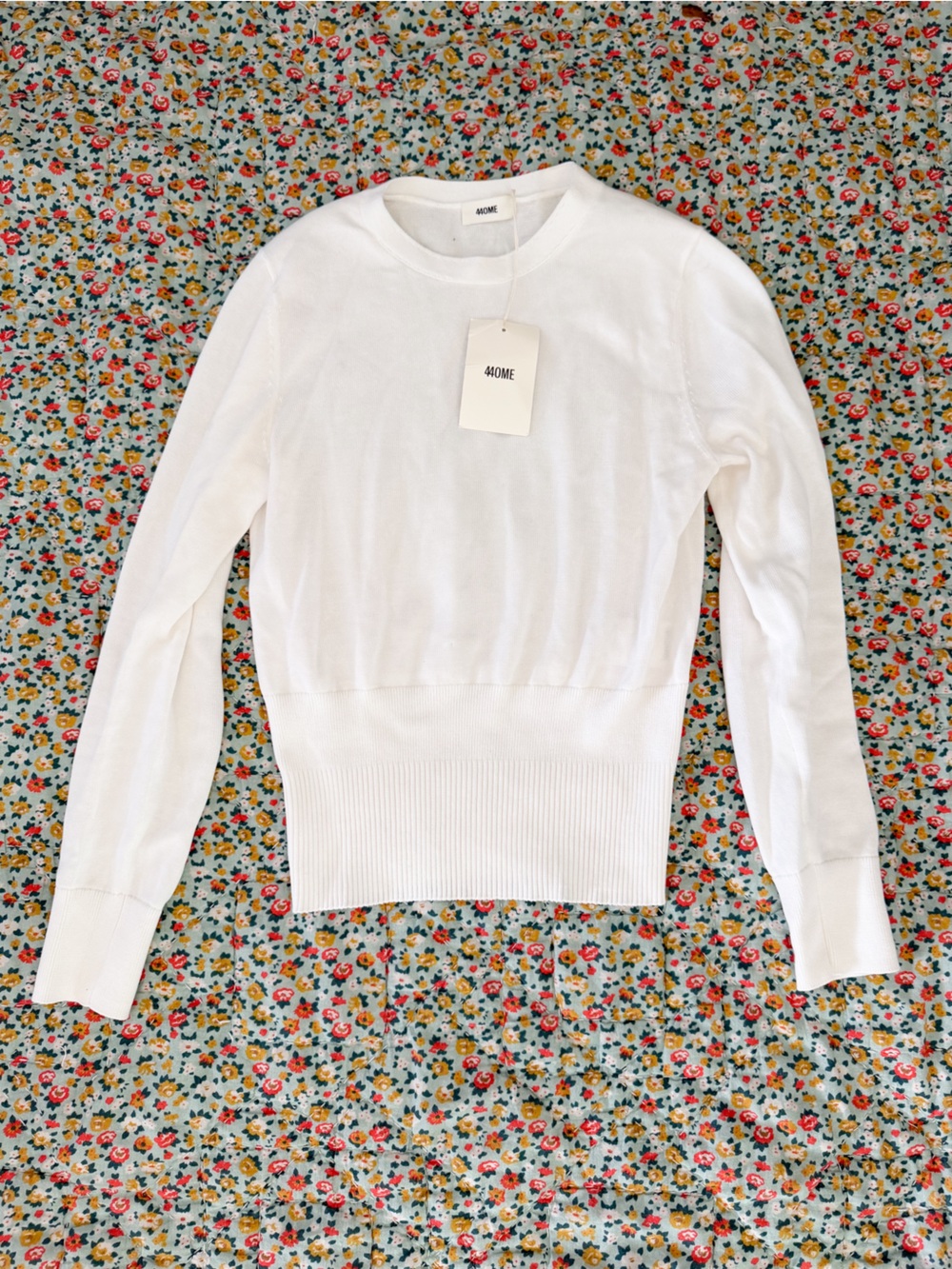 44OME Cotton Crewneck Rib-Waist Long-Sleeve Sweater White Cream Knit